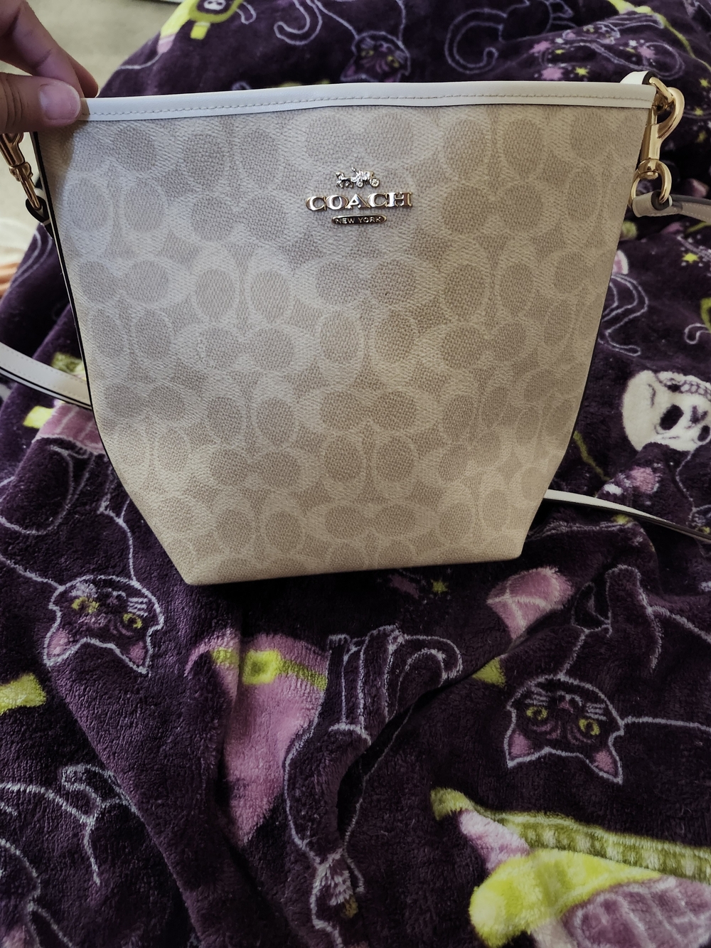 Coach Beige Signature Canvas Crossbody Bucket Bag